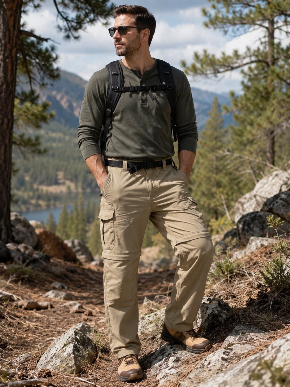 Convertible Zip-Off Hiking Cargo Pants Khaki Outdoor Utility Trekking Size Mx30